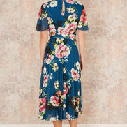 Yumi Green Mesh Floral Midi Dress with Angel Sleeves