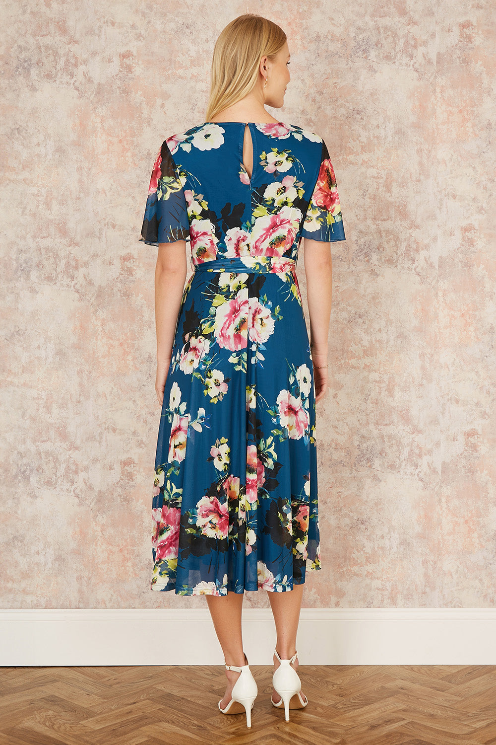 Yumi Green Mesh Floral Midi Dress with Angel Sleeves