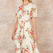 Yumi Ivory Mesh Floral Print Midi Dress with Angel Sleeves