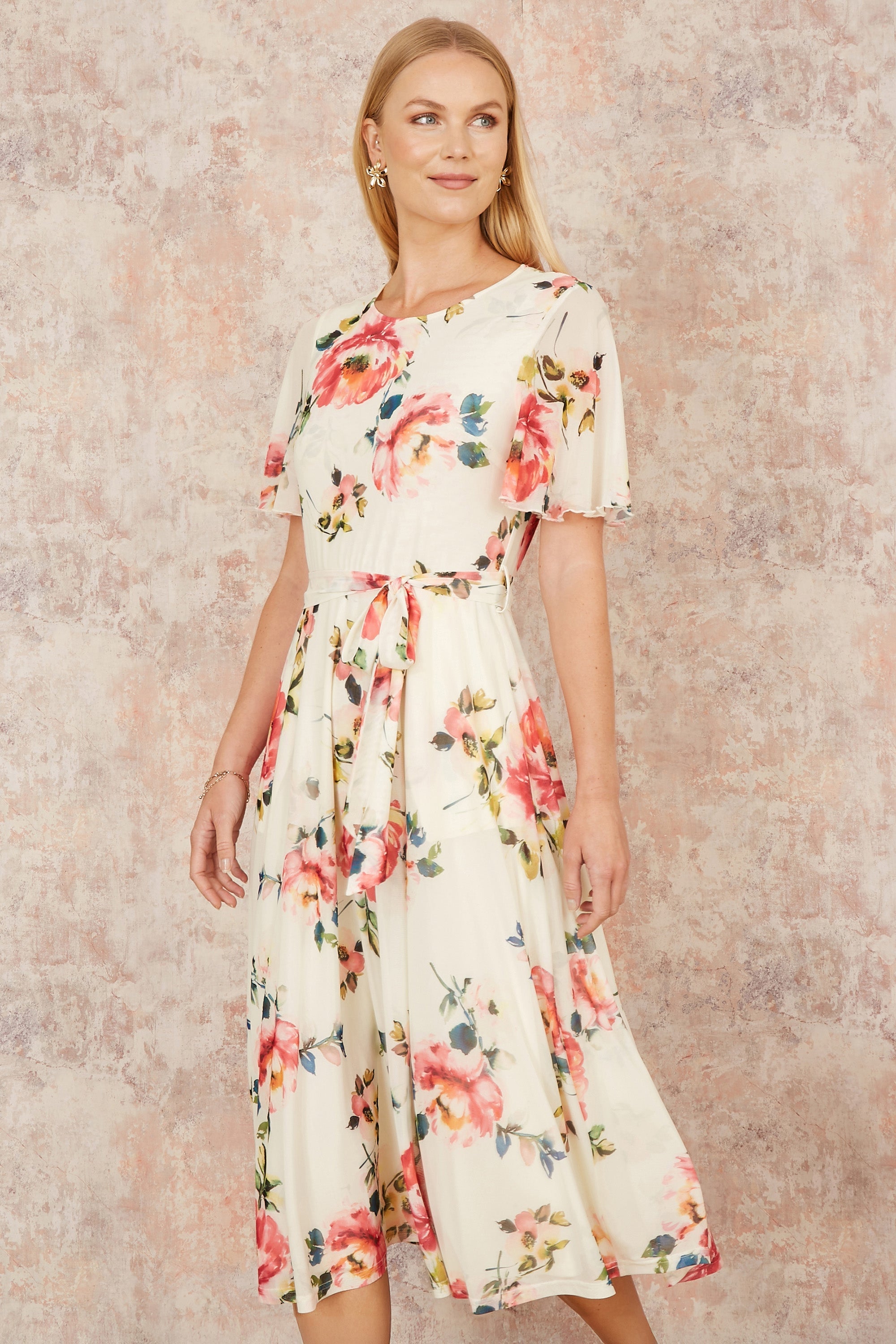 Yumi Ivory Mesh Floral Print Midi Dress with Angel Sleeves