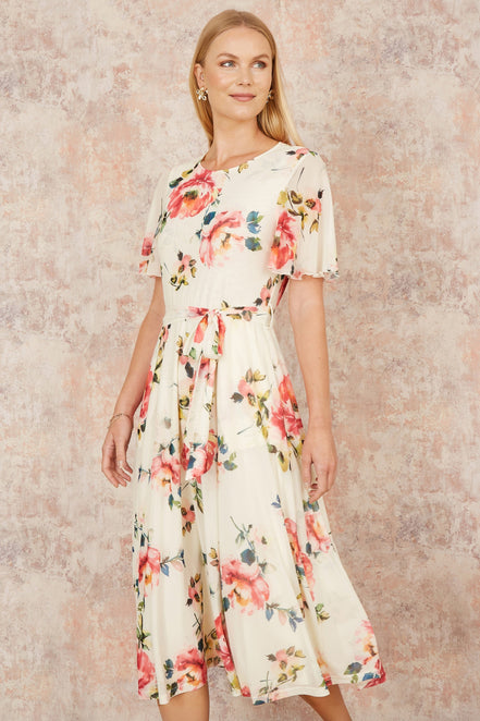 Yumi Ivory Mesh Floral Print Midi Dress with Angel Sleeves
