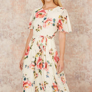 Yumi Ivory Mesh Floral Print Midi Dress with Angel Sleeves
