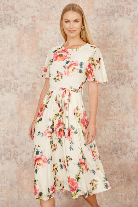 Yumi Ivory Mesh Floral Print Midi Dress with Angel Sleeves