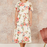 Yumi Ivory Mesh Floral Print Midi Dress with Angel Sleeves