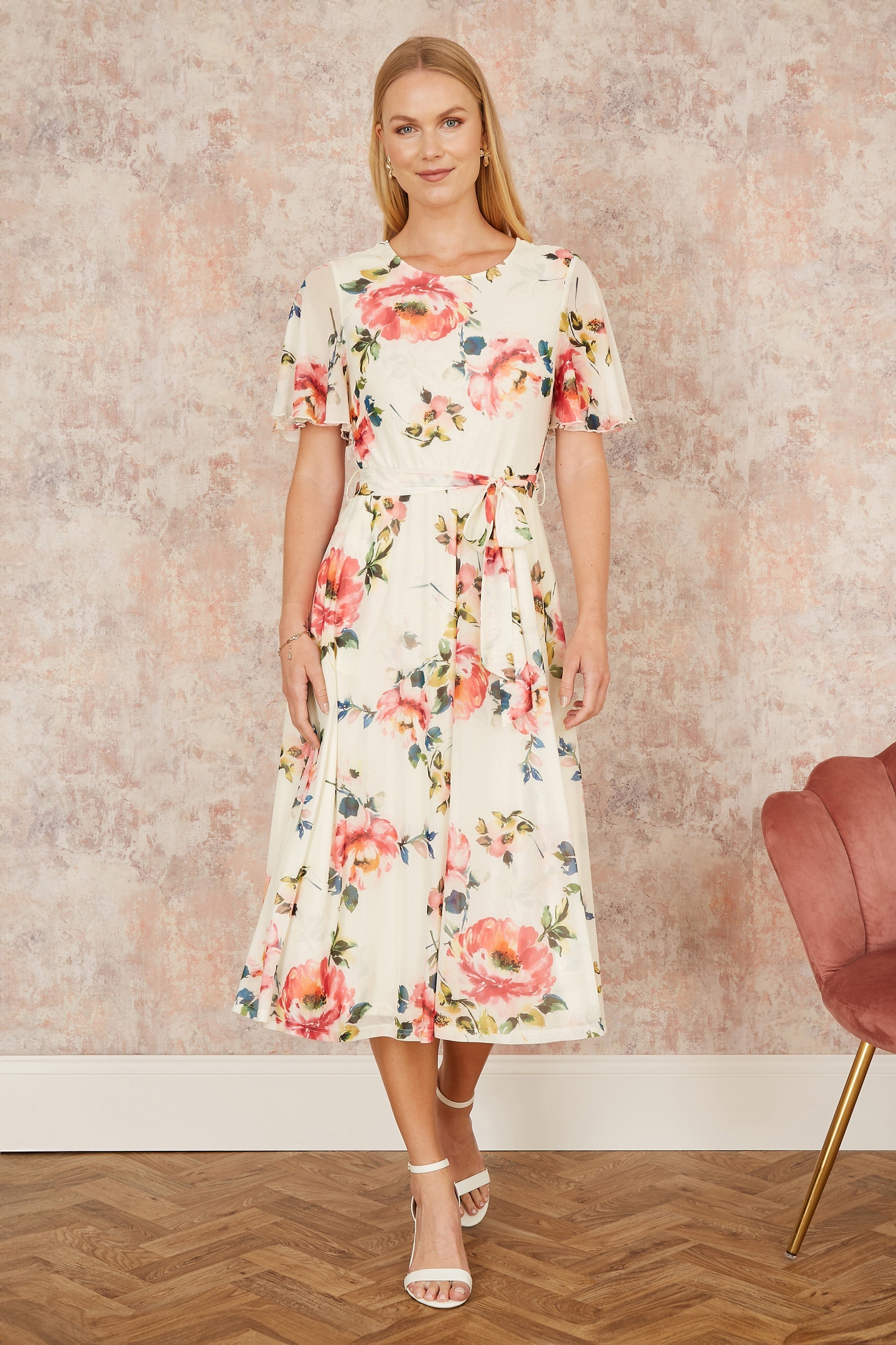 Yumi Ivory Mesh Floral Print Midi Dress with Angel Sleeves