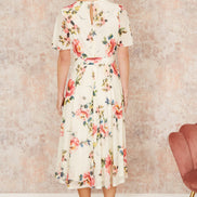Yumi Ivory Mesh Floral Print Midi Dress with Angel Sleeves