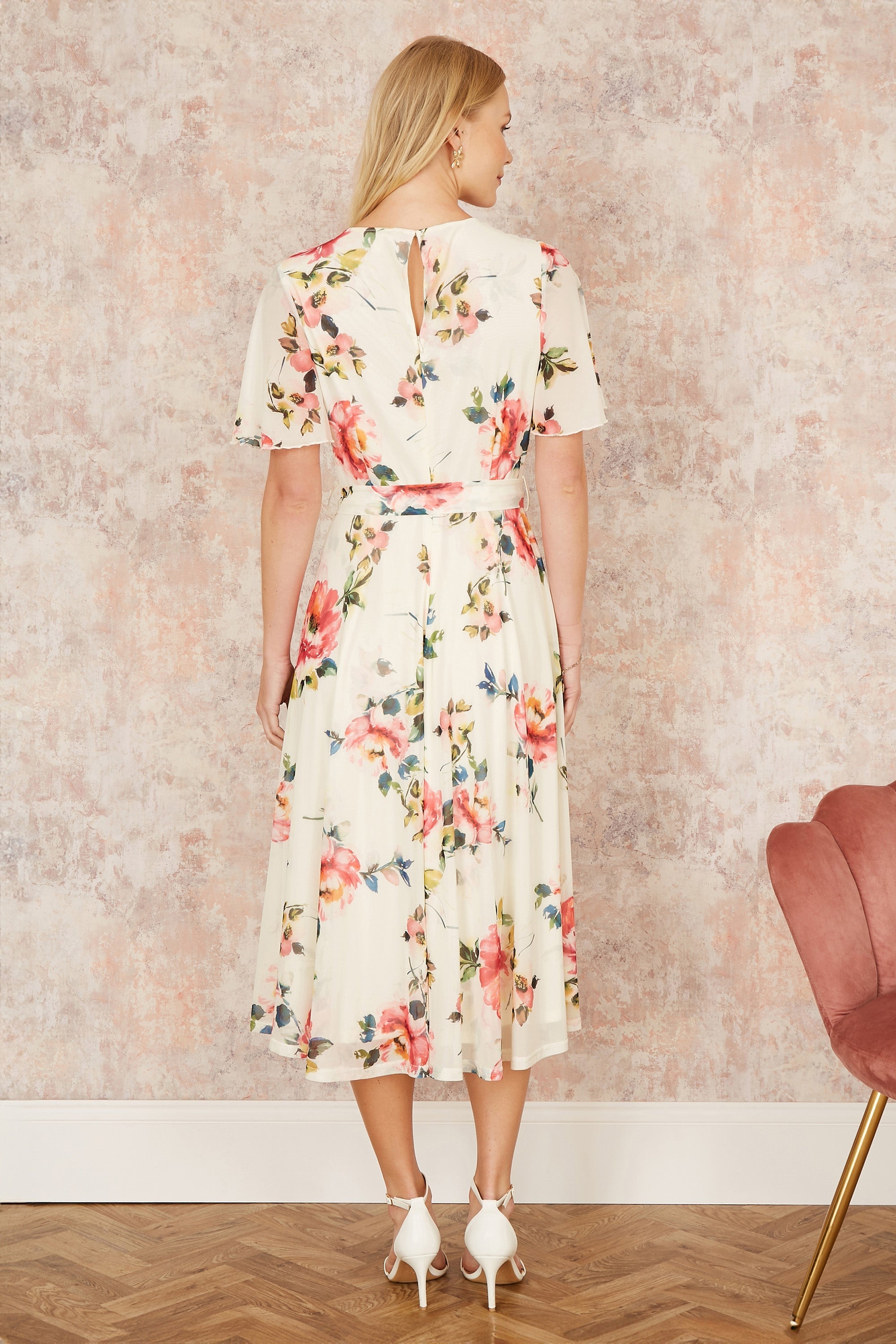 Yumi Ivory Mesh Floral Print Midi Dress with Angel Sleeves