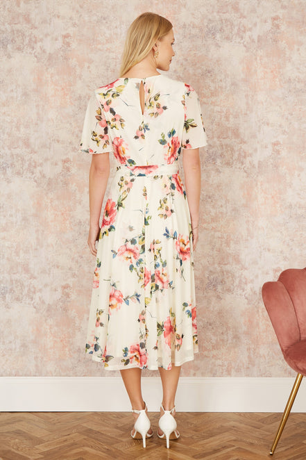 Yumi Ivory Mesh Floral Print Midi Dress with Angel Sleeves