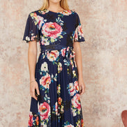 Yumi Navy Mesh Floral Print Midi Dress with Angel Sleeves