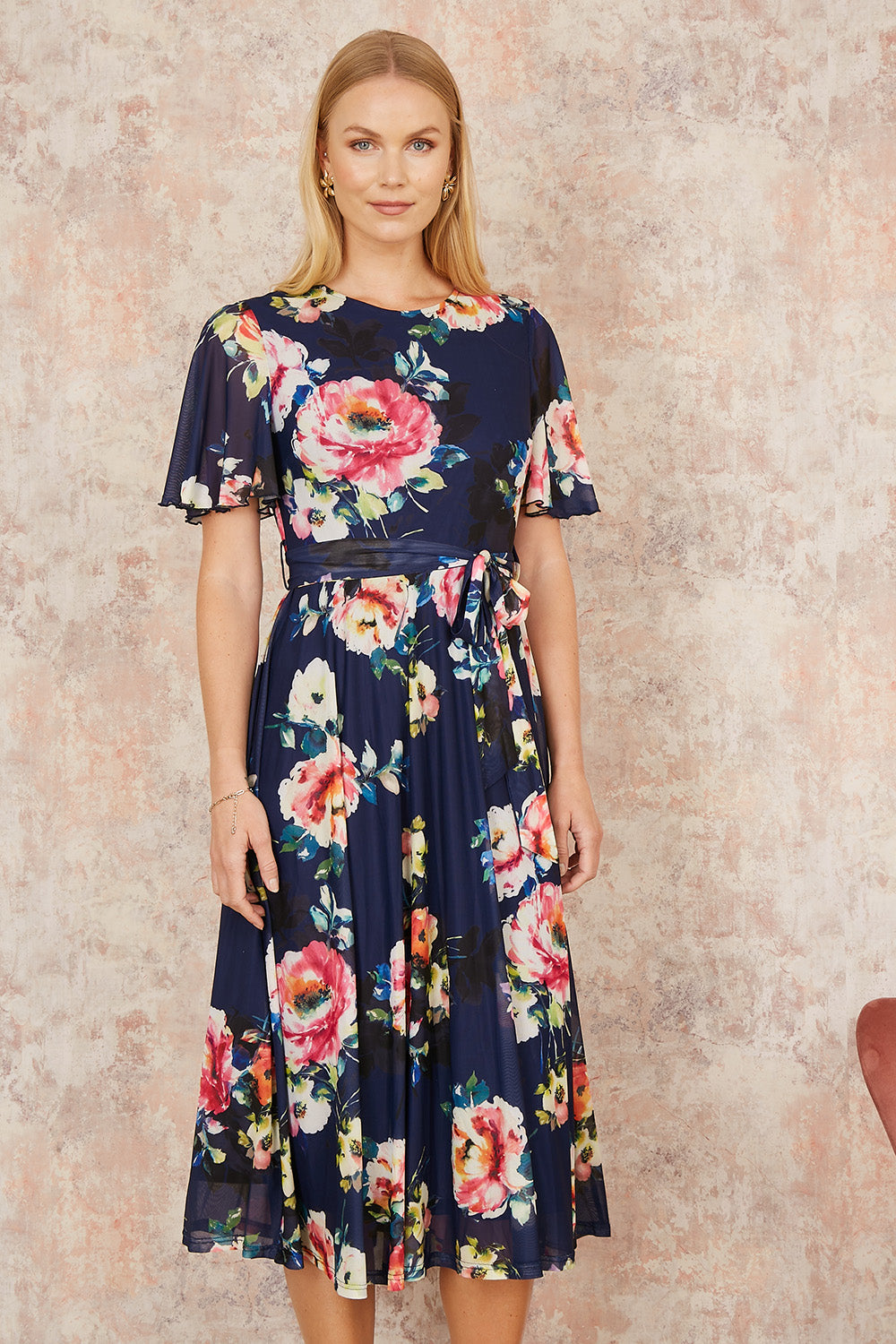 Yumi Navy Mesh Floral Print Midi Dress with Angel Sleeves
