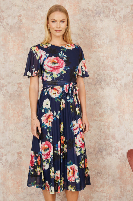 Yumi Navy Mesh Floral Print Midi Dress with Angel Sleeves