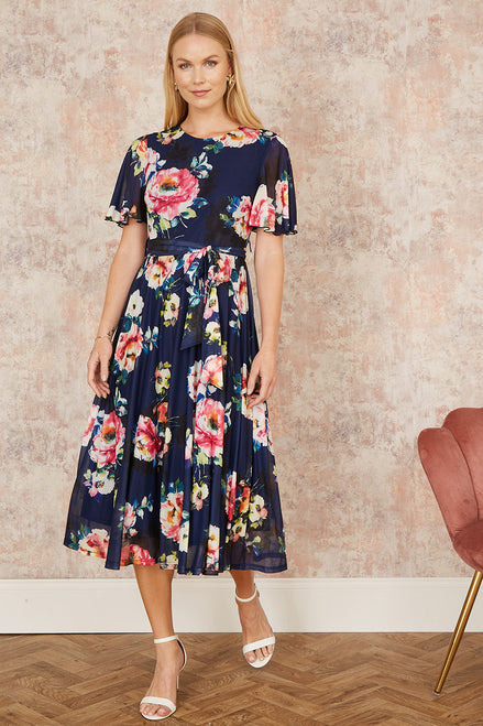 Yumi Navy Mesh Floral Print Midi Dress with Angel Sleeves