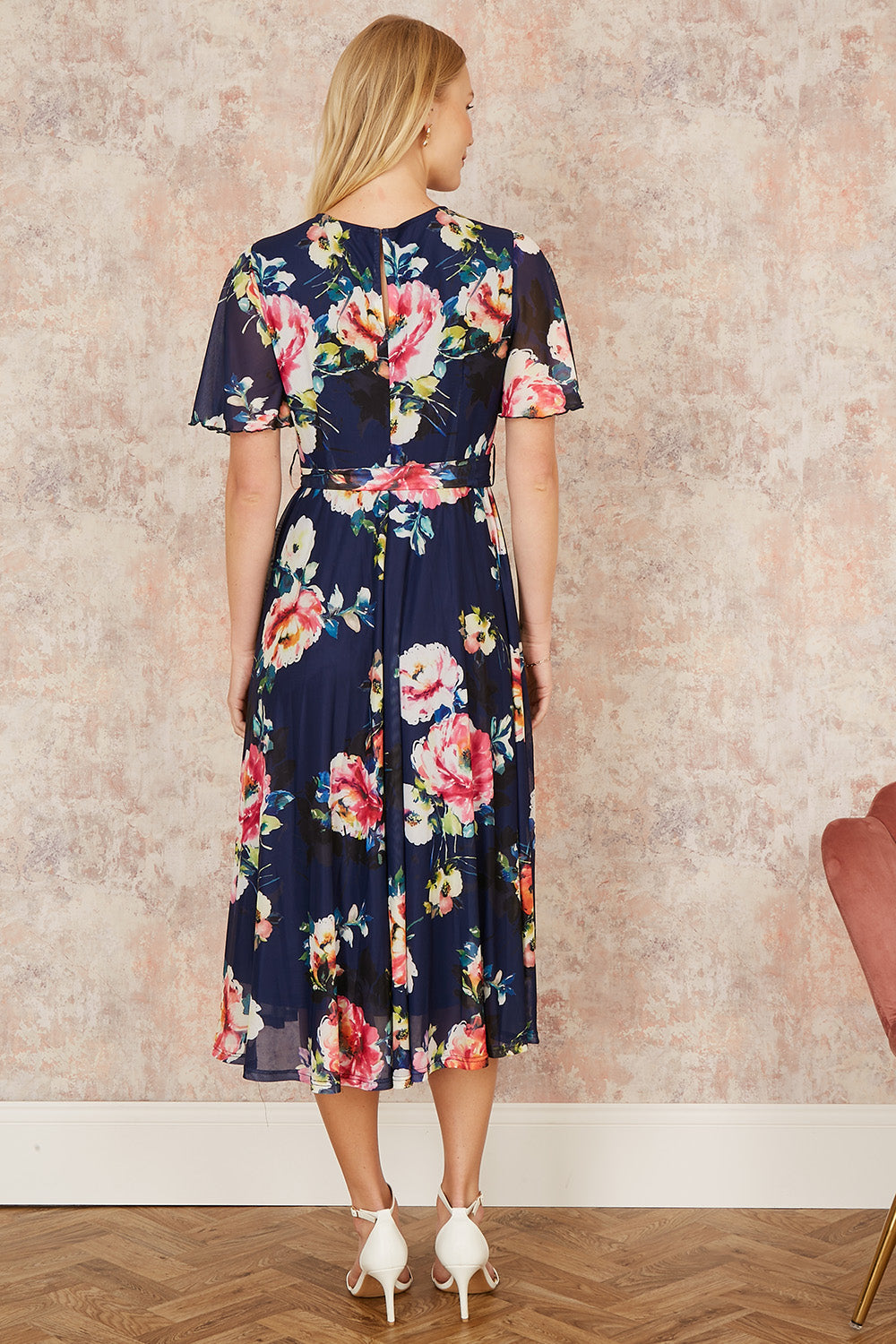 Yumi Navy Mesh Floral Print Midi Dress with Angel Sleeves