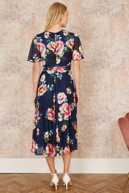 Yumi Navy Mesh Floral Print Midi Dress with Angel Sleeves