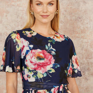 Yumi Navy Mesh Floral Print Midi Dress with Angel Sleeves