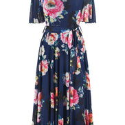 Yumi Navy Mesh Floral Print Midi Dress with Angel Sleeves