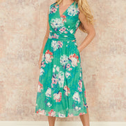Yumi Green Blossom Print Stretch Mesh Dress with Pockets