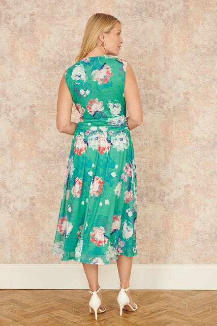 Yumi Green Blossom Print Stretch Mesh Dress with Pockets