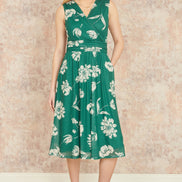 Yumi Green Floral Print Stretch Mesh Dress with Pockets
