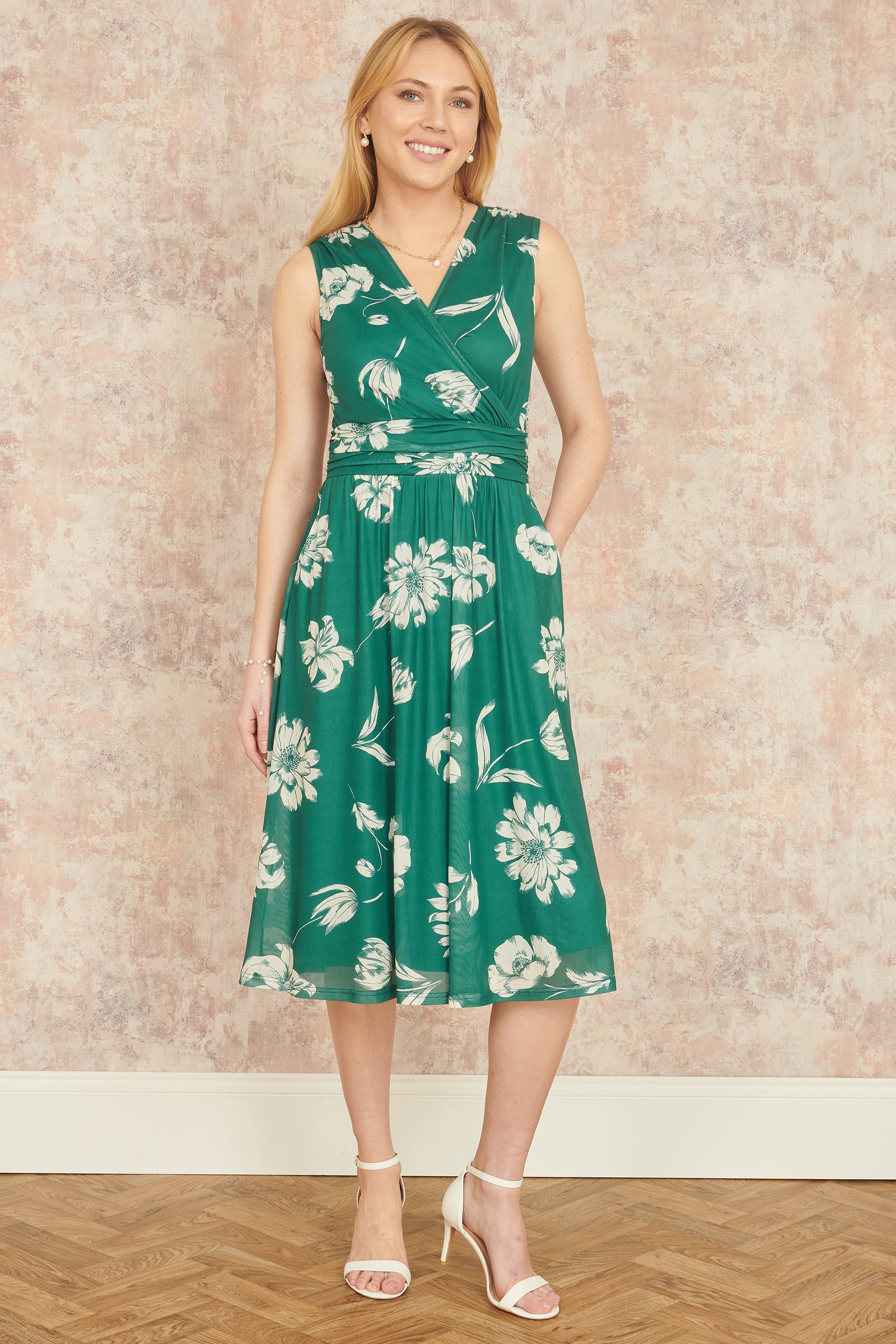 Yumi Green Floral Print Stretch Mesh Dress with Pockets