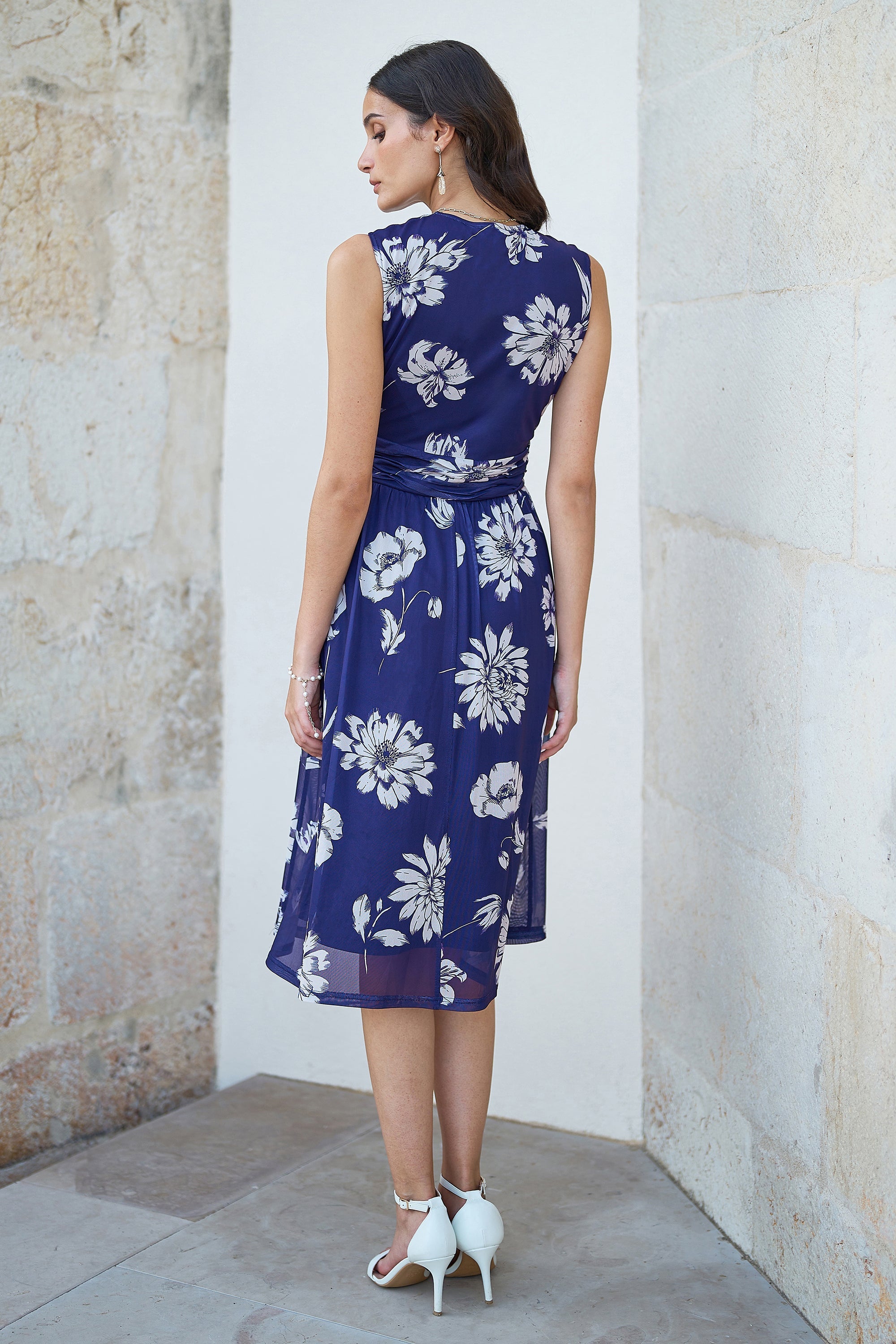Yumi Navy Floral Print Stretch Mesh Dress with Pockets