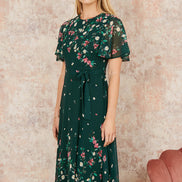 Yumi Green Daisy Mirror Placement Skater Dress with Angel Sleeves