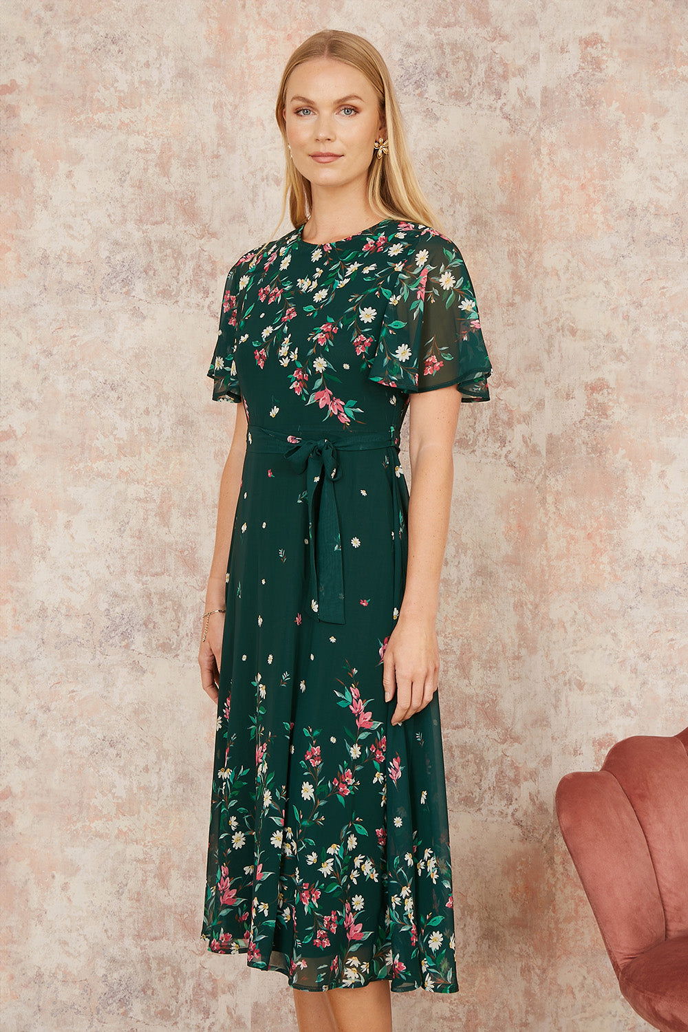 Yumi Green Daisy Mirror Placement Skater Dress with Angel Sleeves