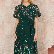 Yumi Green Daisy Mirror Placement Skater Dress with Angel Sleeves