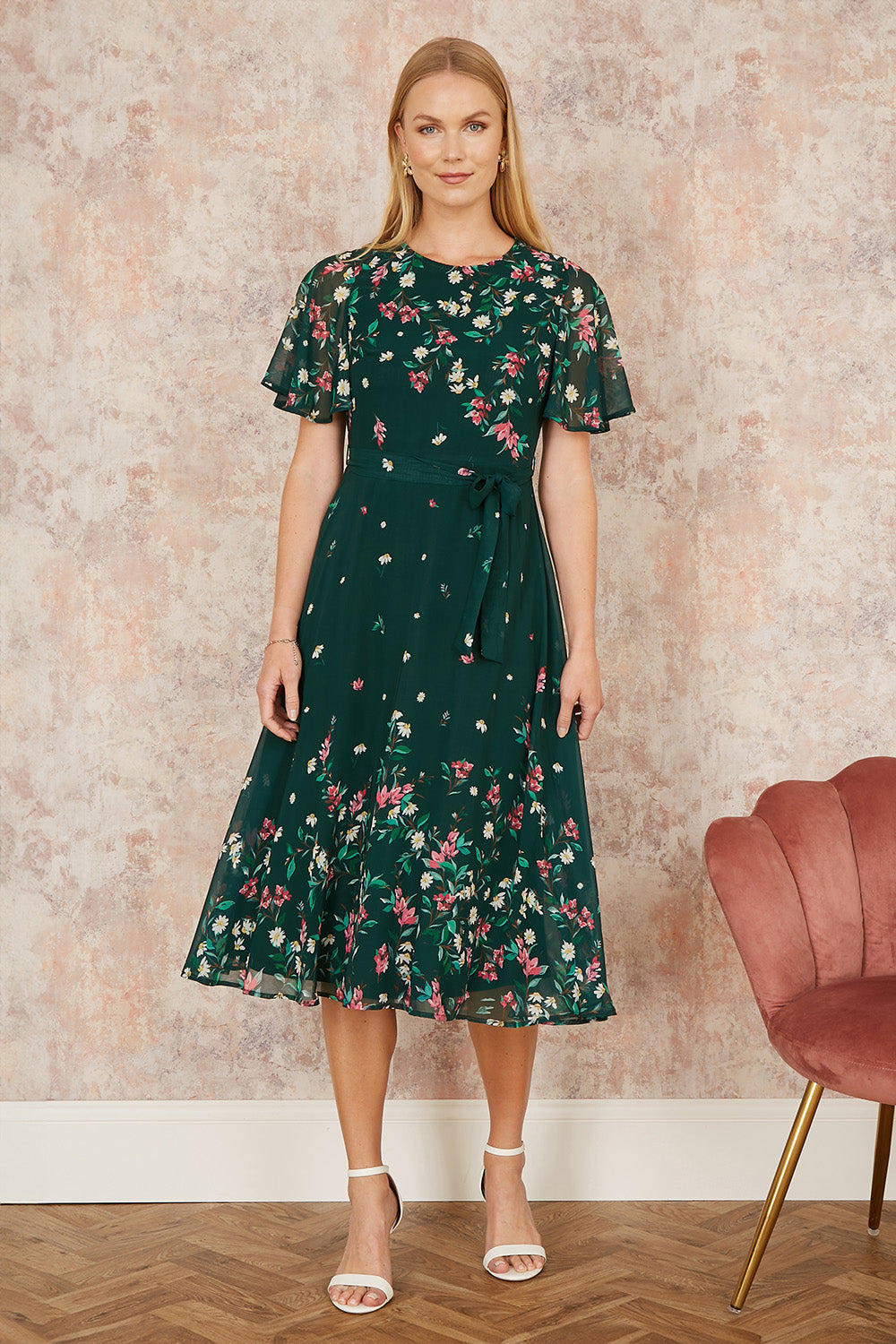 Yumi Green Daisy Mirror Placement Skater Dress with Angel Sleeves