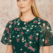 Yumi Green Daisy Mirror Placement Skater Dress with Angel Sleeves