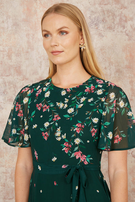 Yumi Green Daisy Mirror Placement Skater Dress with Angel Sleeves