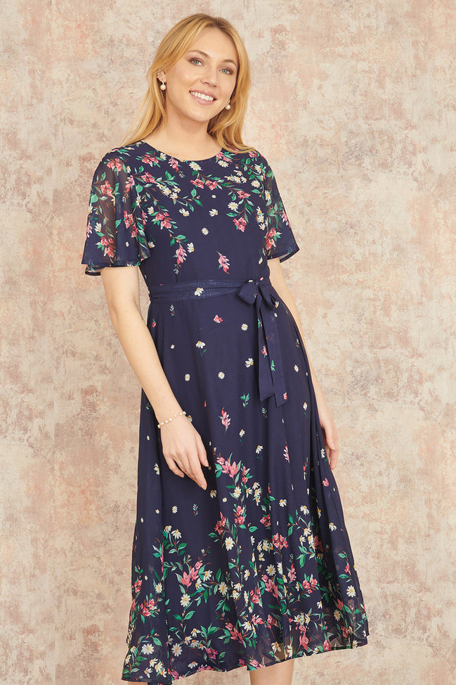 Yumi Navy Daisy Mirror Placement Skater Dress with Angel Sleeves