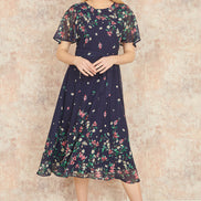 Yumi Navy Daisy Mirror Placement Skater Dress with Angel Sleeves