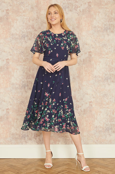 Yumi Navy Daisy Mirror Placement Skater Dress with Angel Sleeves