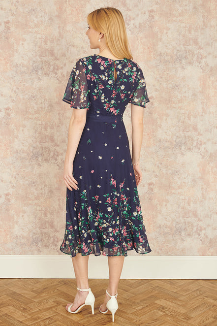 Yumi Navy Daisy Mirror Placement Skater Dress with Angel Sleeves