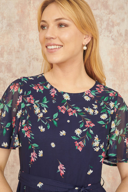 Yumi Navy Daisy Mirror Placement Skater Dress with Angel Sleeves
