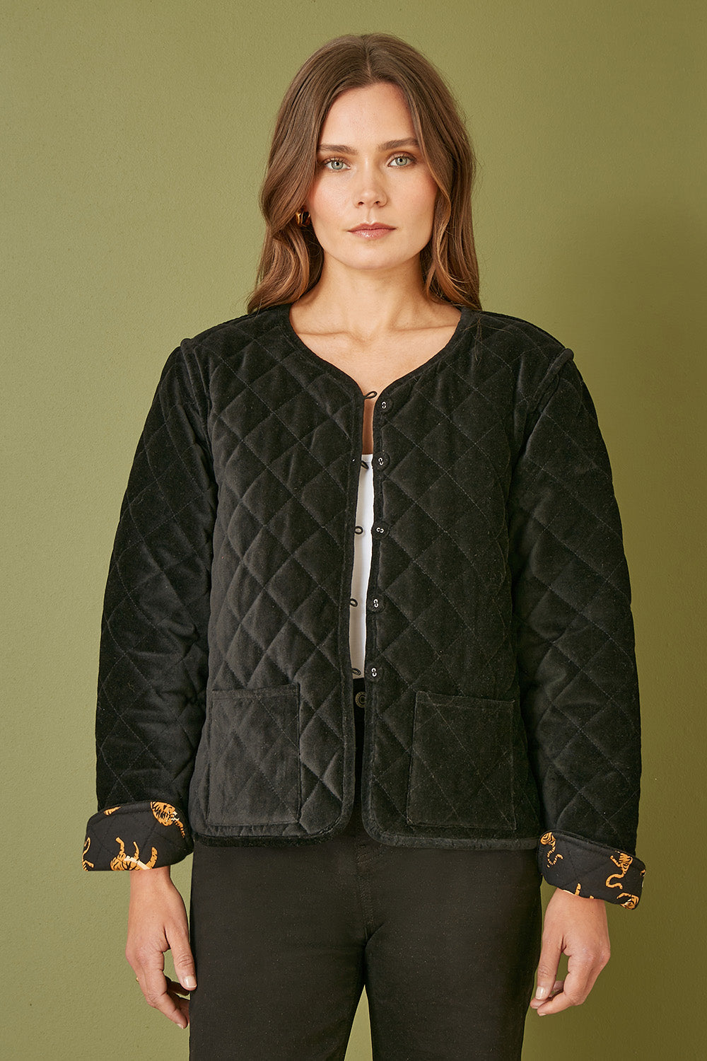 Yumi Black Velvet Quilted Jacket with Reversible Leopard Lining