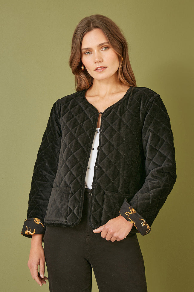 Yumi Black Velvet Quilted Jacket with Reversible Leopard Lining