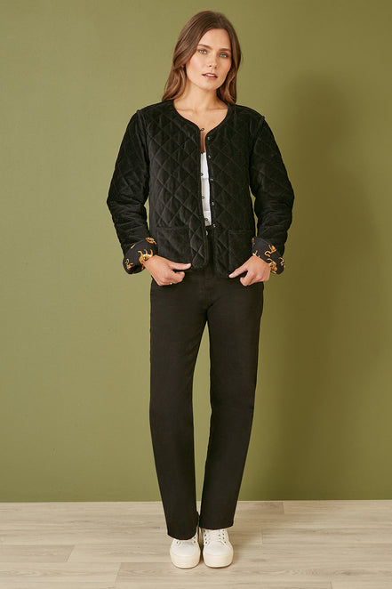 Yumi Black Velvet Quilted Jacket with Reversible Leopard Lining