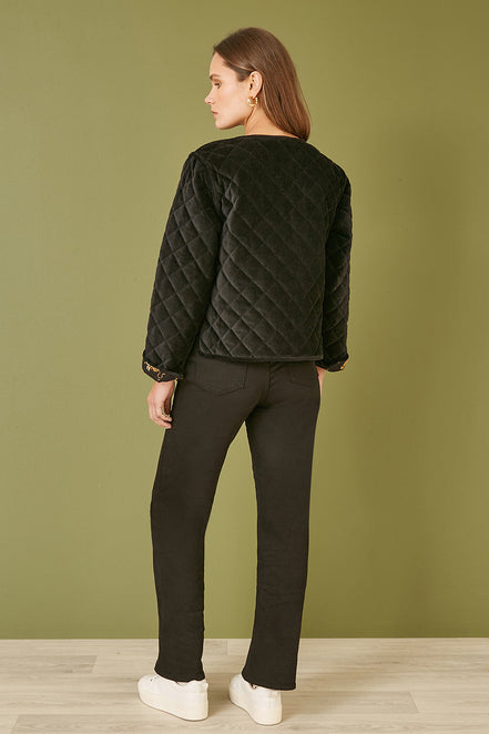 Yumi Black Velvet Quilted Jacket with Reversible Leopard Lining