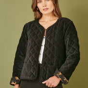 Yumi Black Velvet Quilted Jacket with Reversible Leopard Lining