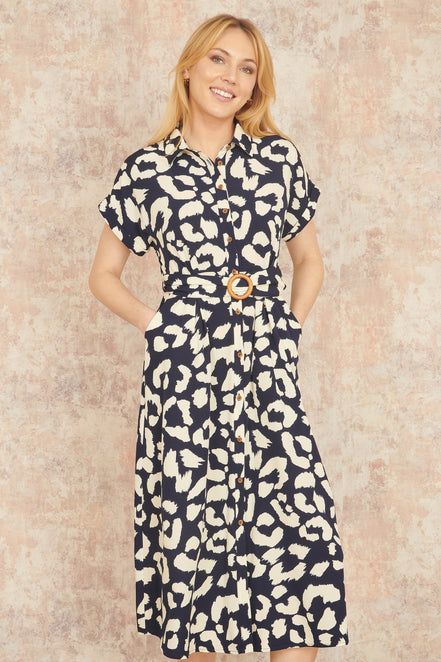 Yumi Navy Abstract Animal Print Relaxed Midi Shirt Dress with Belt