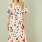 Yumi White Floral Recycled Fabric Ruched Waist Midi Dress