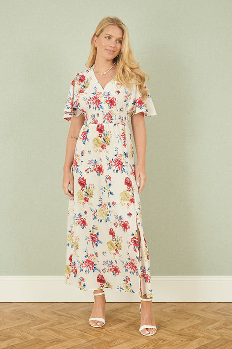 Yumi White Floral Recycled Fabric Ruched Waist Midi Dress