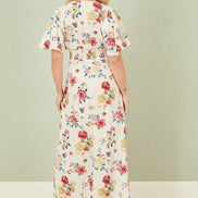 Yumi White Floral Recycled Fabric Ruched Waist Midi Dress