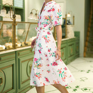 Yumi White Floral Print Cotton Broderie Anglaise Midi Shirt Dress