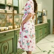 Yumi White Floral Print Cotton Broderie Anglaise Midi Shirt Dress