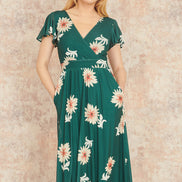 Yumi Green Mesh Flower Wrap Midi Dress with Pockets