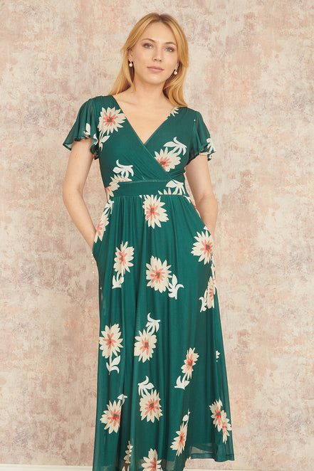 Yumi Green Mesh Flower Wrap Midi Dress with Pockets