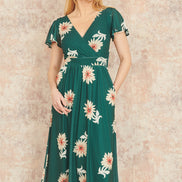 Yumi Green Mesh Flower Wrap Midi Dress with Pockets